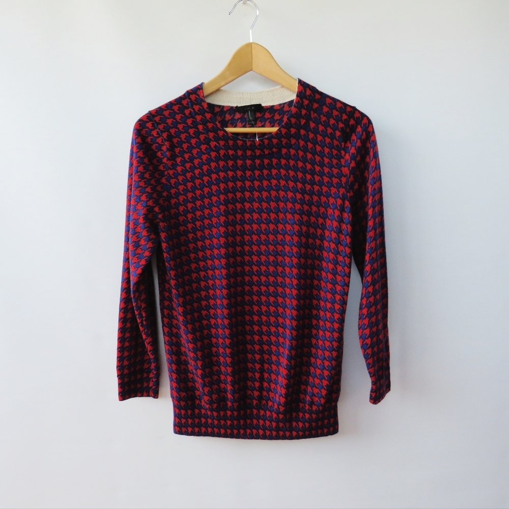 J. Crew Tippi Red Blue Houndstooth Merino Wool Sweater Size Medium